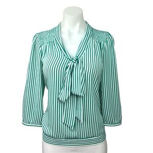 The Limited Green Striped Bow Tie Front 3/4 Sleeve Career Office Blouse Top Sz S